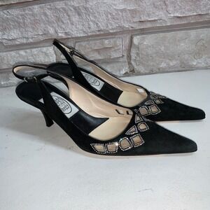 Emma Hope Black Suede Crystal Cut-Out Slingback Pumps Kitten Heel Italy 37